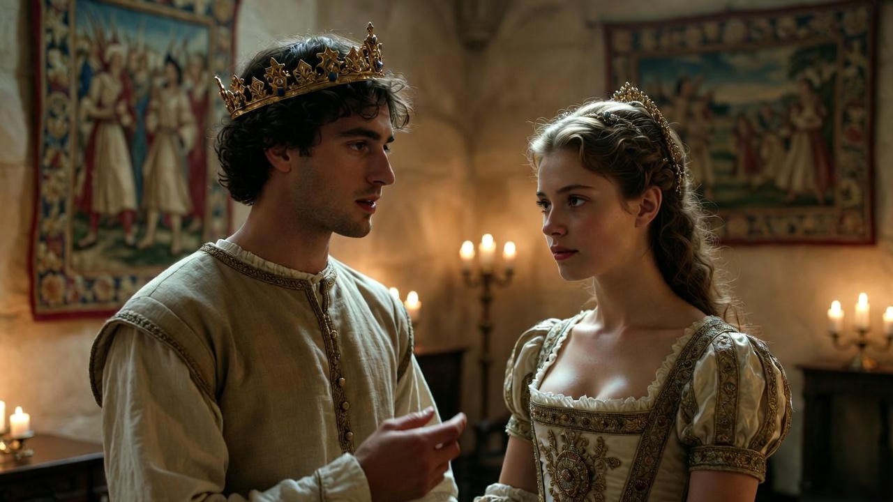 King Henry V courting Princess Katherine in the final act of Shakespeare's Henry V