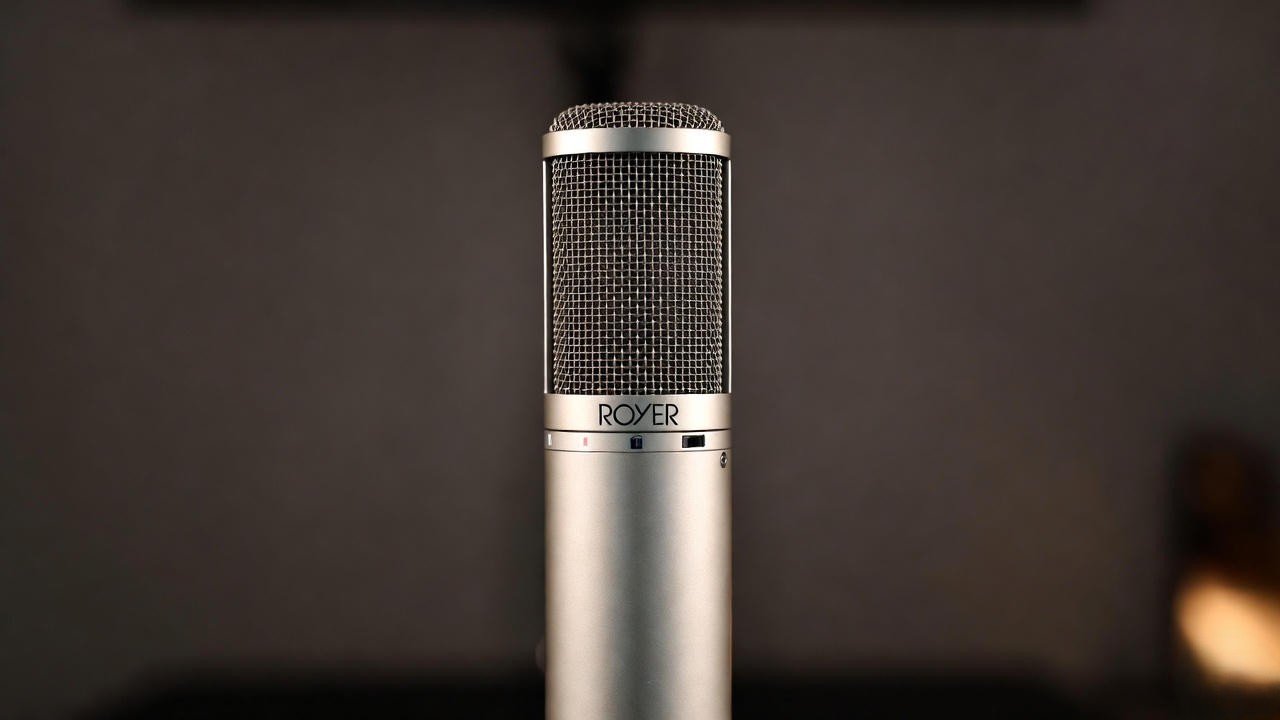 Close-up of Royer R-121 ribbon microphone showing patented offset ribbon design and durable construction