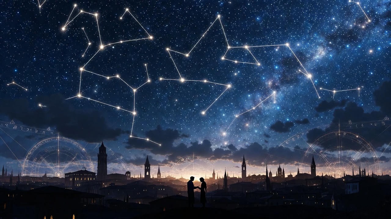 Elizabethan night sky with stars symbolizing the fate of star-crossed lovers in Shakespeare's Romeo and Juliet