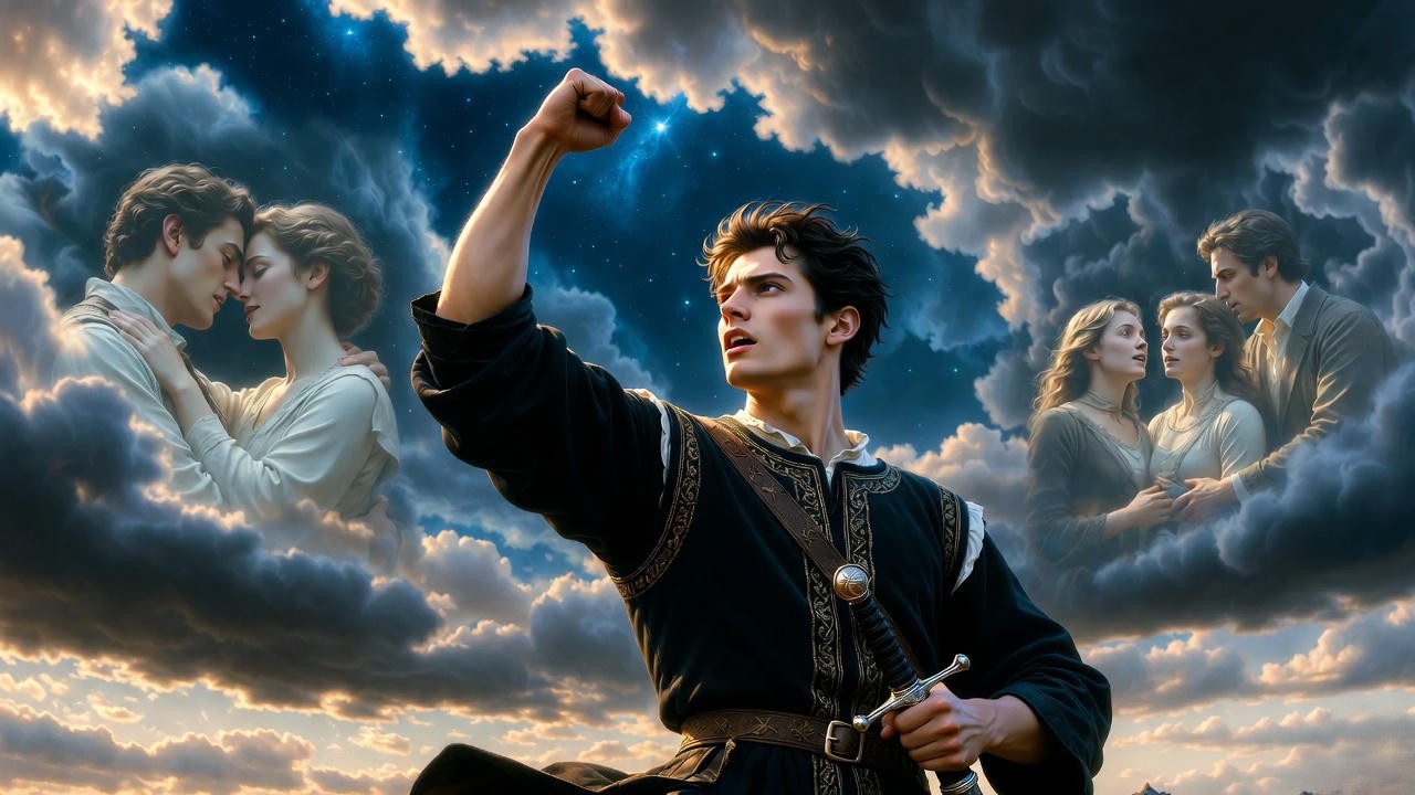 Romeo defying the stars in Shakespeare's Romeo and Juliet, representing fate versus free will