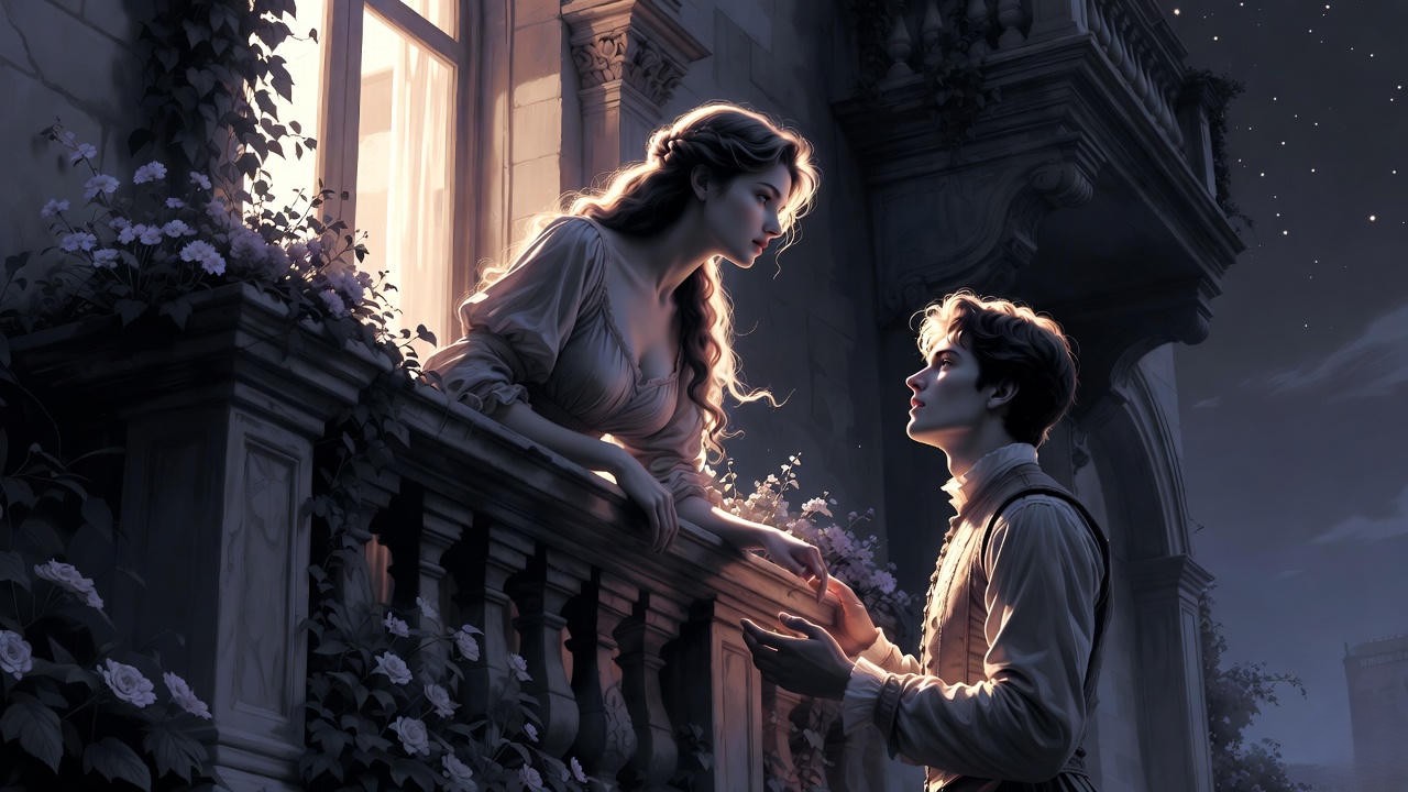 Balcony scene from Romeo and Juliet showcasing themes of passionate young love in Shakespeare's tragedy