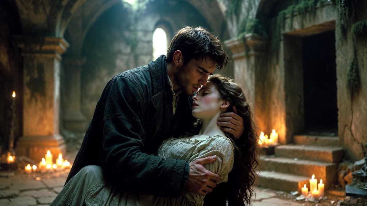 Tomb scene from Romeo and Juliet depicting the tragic end of the star-crossed lovers in Shakespeare's play