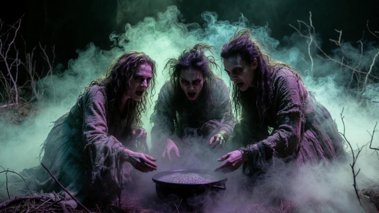 Witches brewing around cauldron in a stage production of Shakespeare's Macbeth