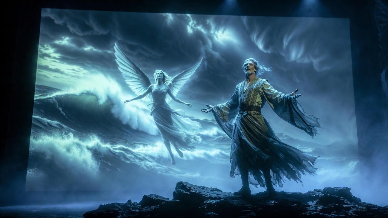 Prospero and Ariel in a magical storm scene from Shakespeare's The Tempest on stage