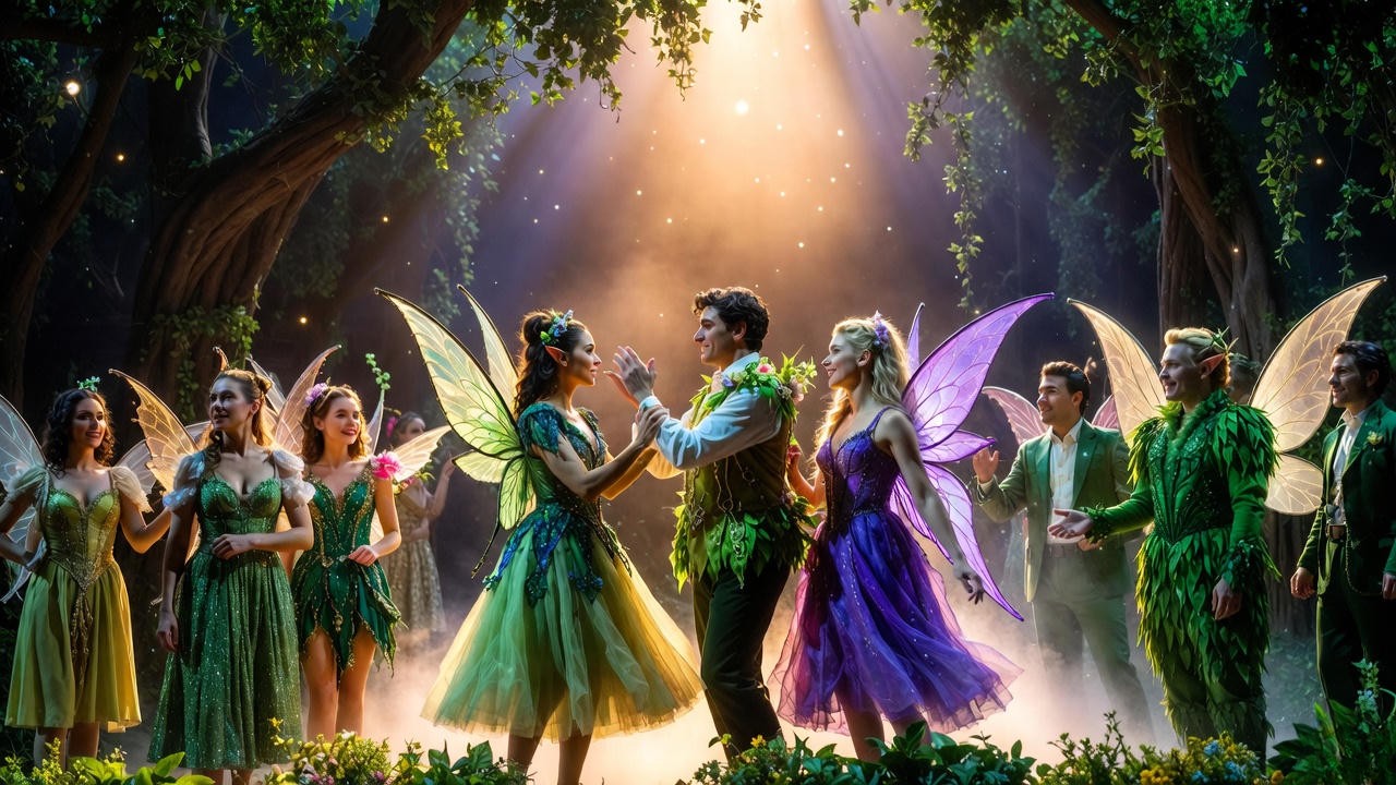 Fairies and Puck in an enchanted forest stage production of Shakespeare's A Midsummer Night's Dream