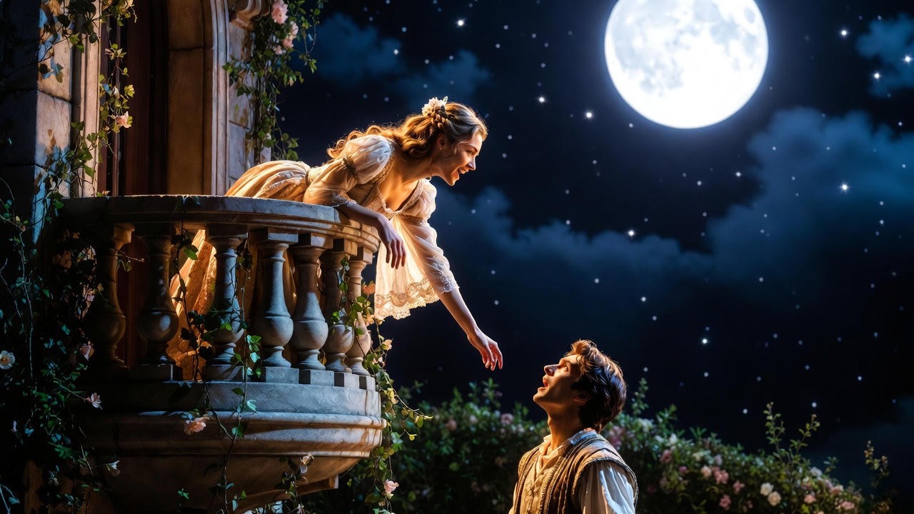 Balcony scene with Romeo and Juliet in a theatrical performance of Shakespeare's tragedy