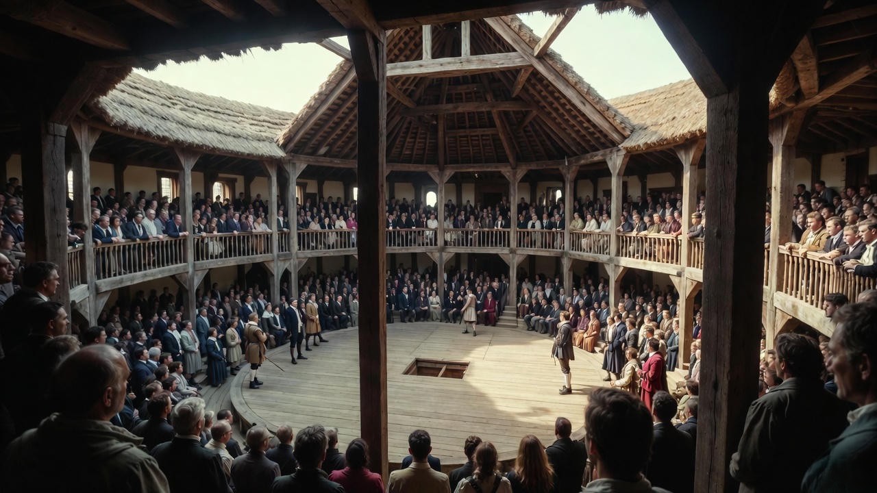 Elizabethan Globe Theatre interior during a Shakespeare history play performance