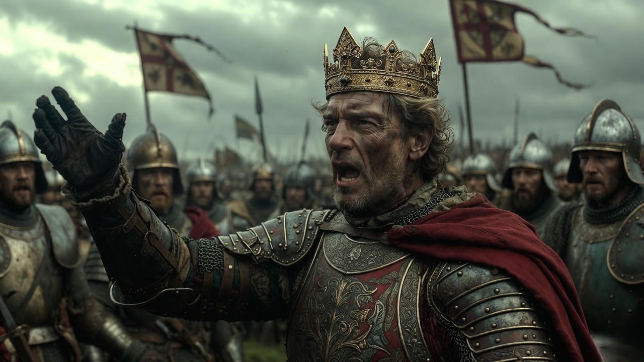 King Henry V rallying soldiers with St. Crispin's Day speech at Agincourt battlefield