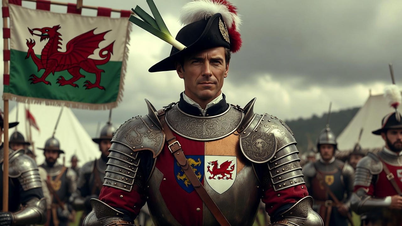 Captain Fluellen wearing a leek on his hat in Shakespeare's Henry V