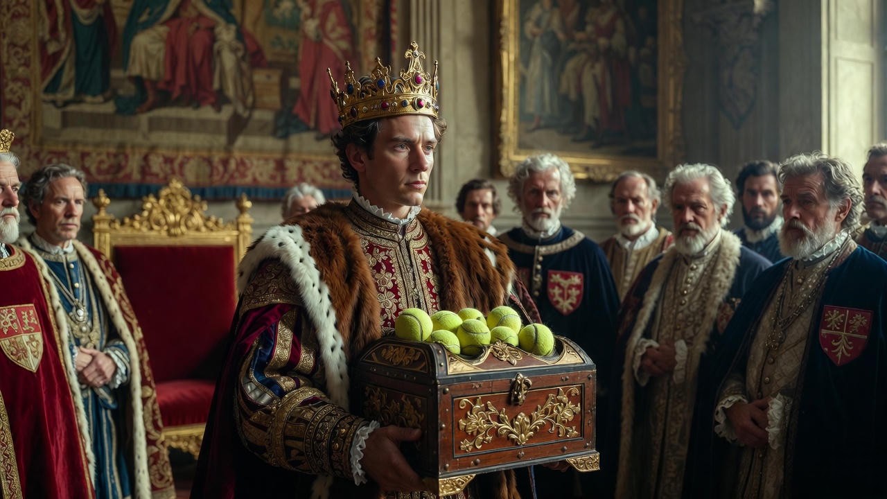 French Dauphin presenting tennis balls insult to King Henry V ambassadors