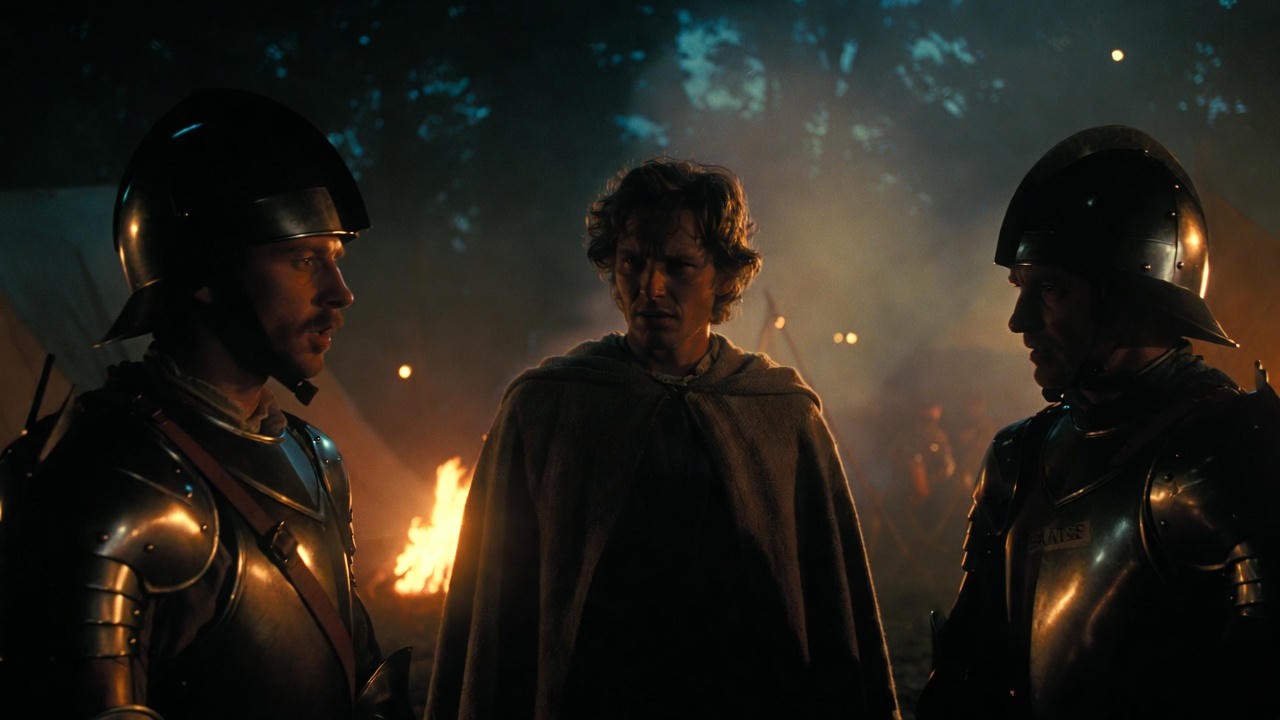 King Henry V disguised speaking to soldiers Williams and Bates at Agincourt camp