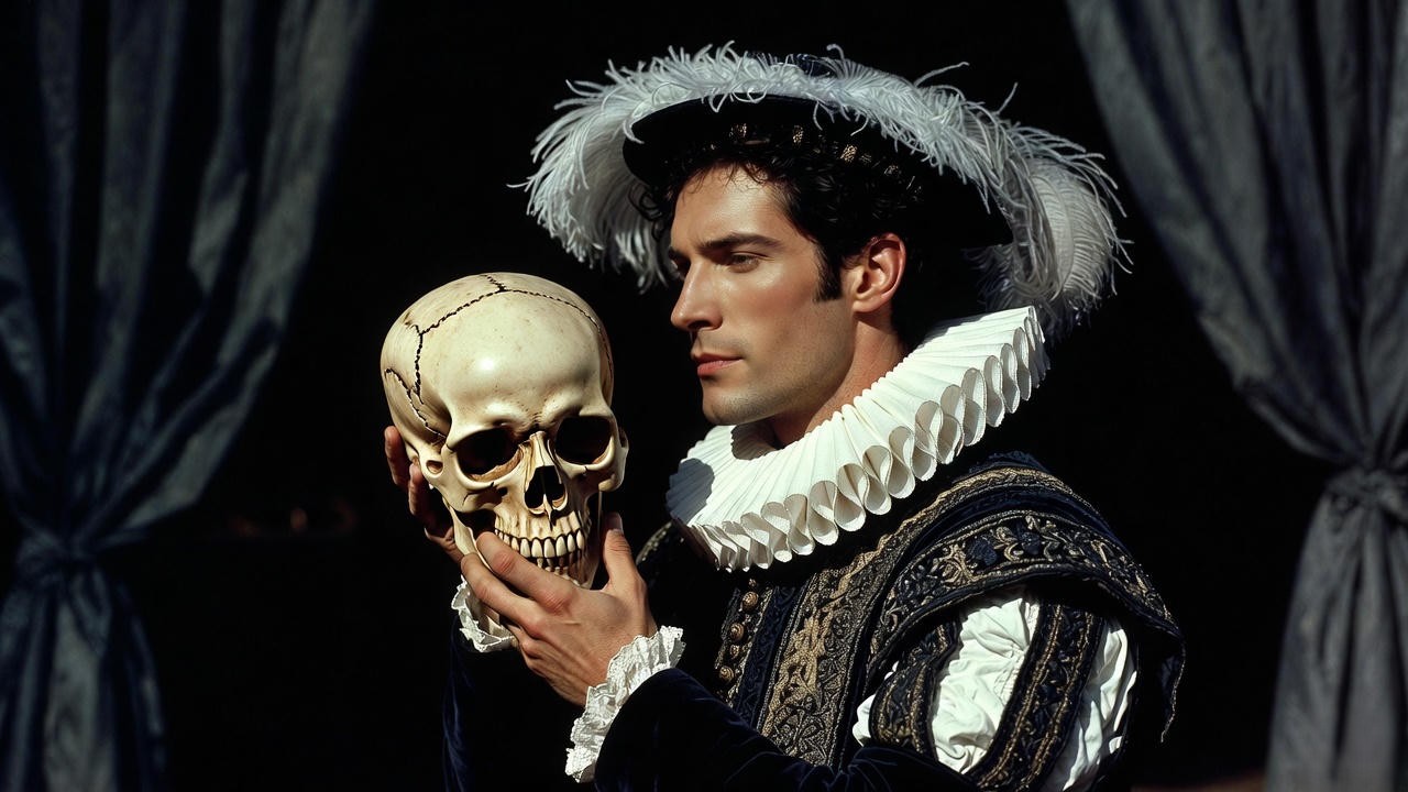 Prince Hamlet holding Yorick's skull on stage, illustrating subjective introspection in Shakespeare's Hamlet