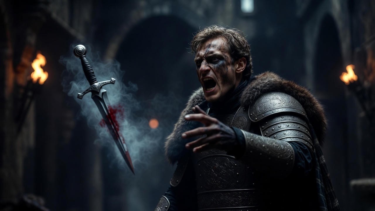 Macbeth hallucinating the floating dagger, depicting subjective delusion in Shakespeare's Macbeth