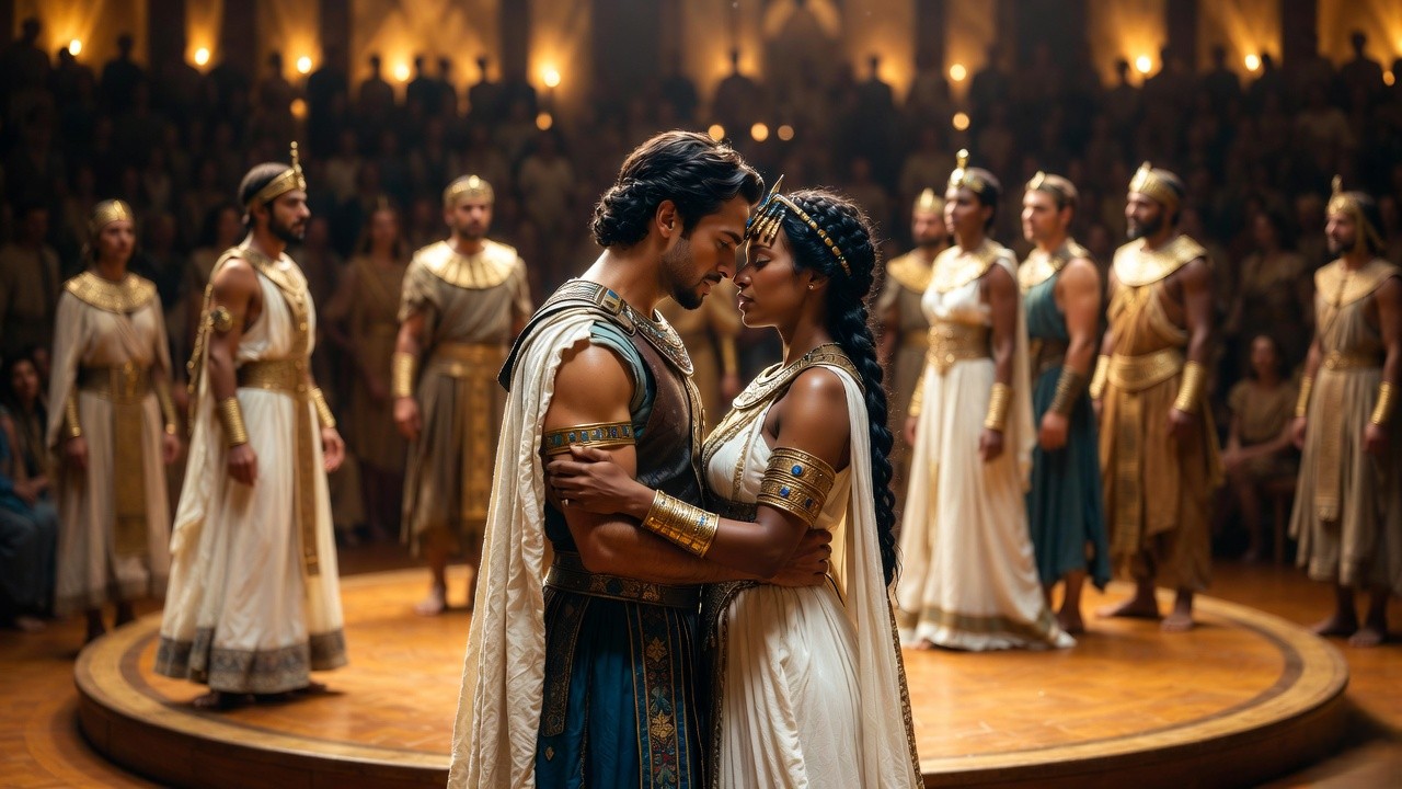 Antony and Cleopatra intimate embrace in Folger Theatre 2017 in-the-round production