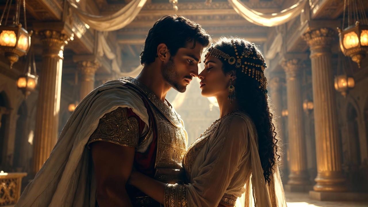 Mark Antony and Cleopatra in passionate embrace – dramatic scene from Shakespeare's tragedy