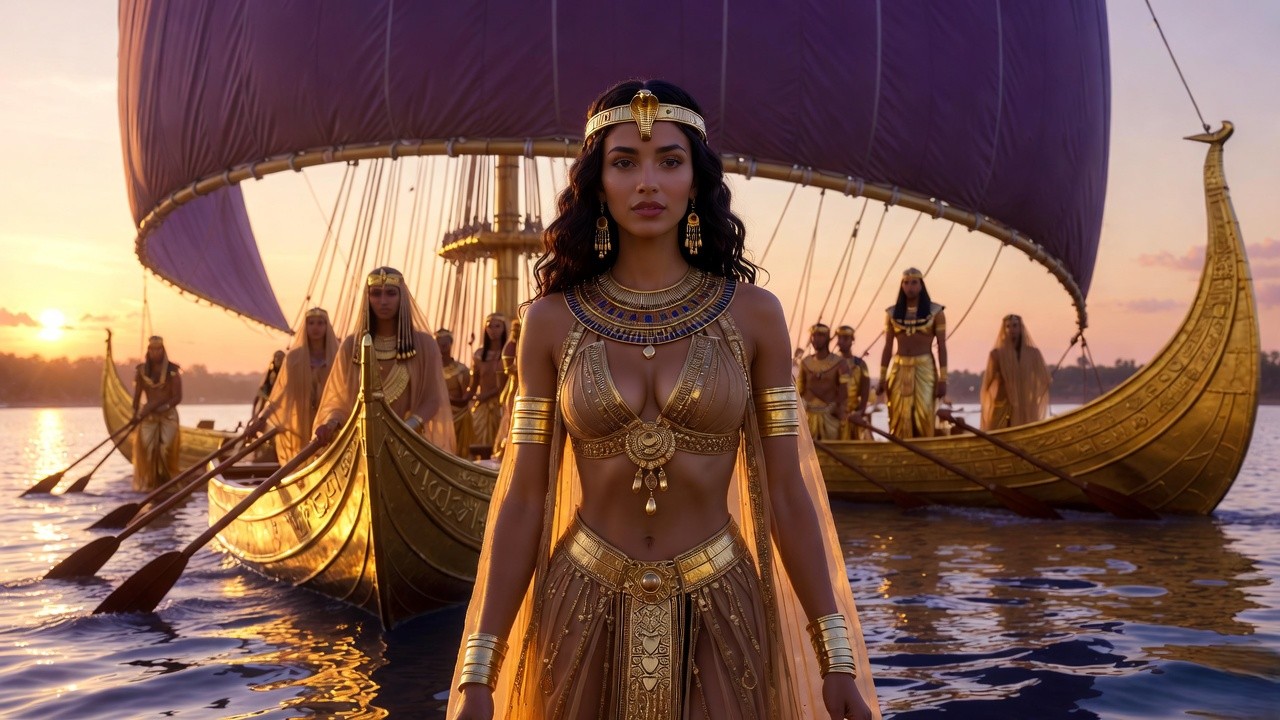 Cleopatra on her royal barge – iconic scene symbolizing Egypt's infinite variety in Shakespeare's Antony and Cleopatra