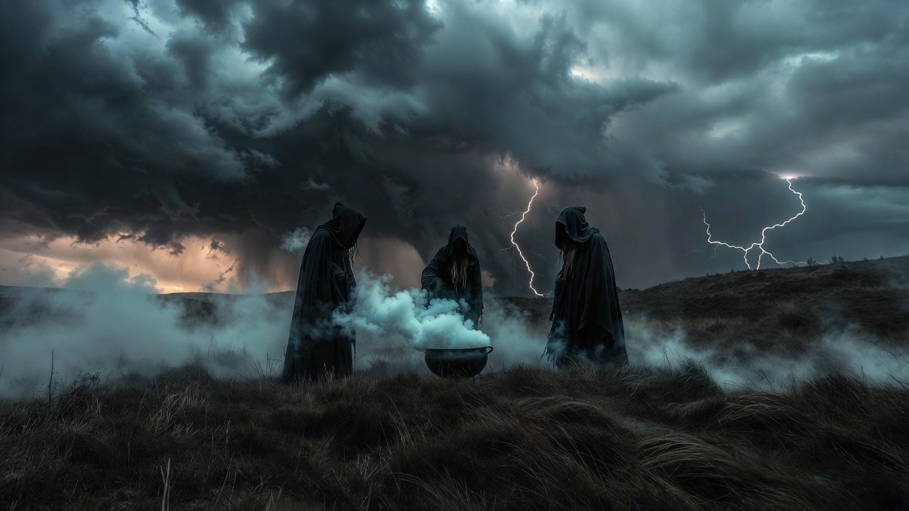 Three witches brewing on a stormy heath in Act 1 Scene 1 of Macbeth, dark supernatural atmosphere
