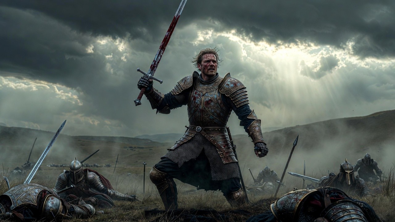 Heroic Macbeth as brave warrior on the bloody battlefield in Act 1 Scene 2