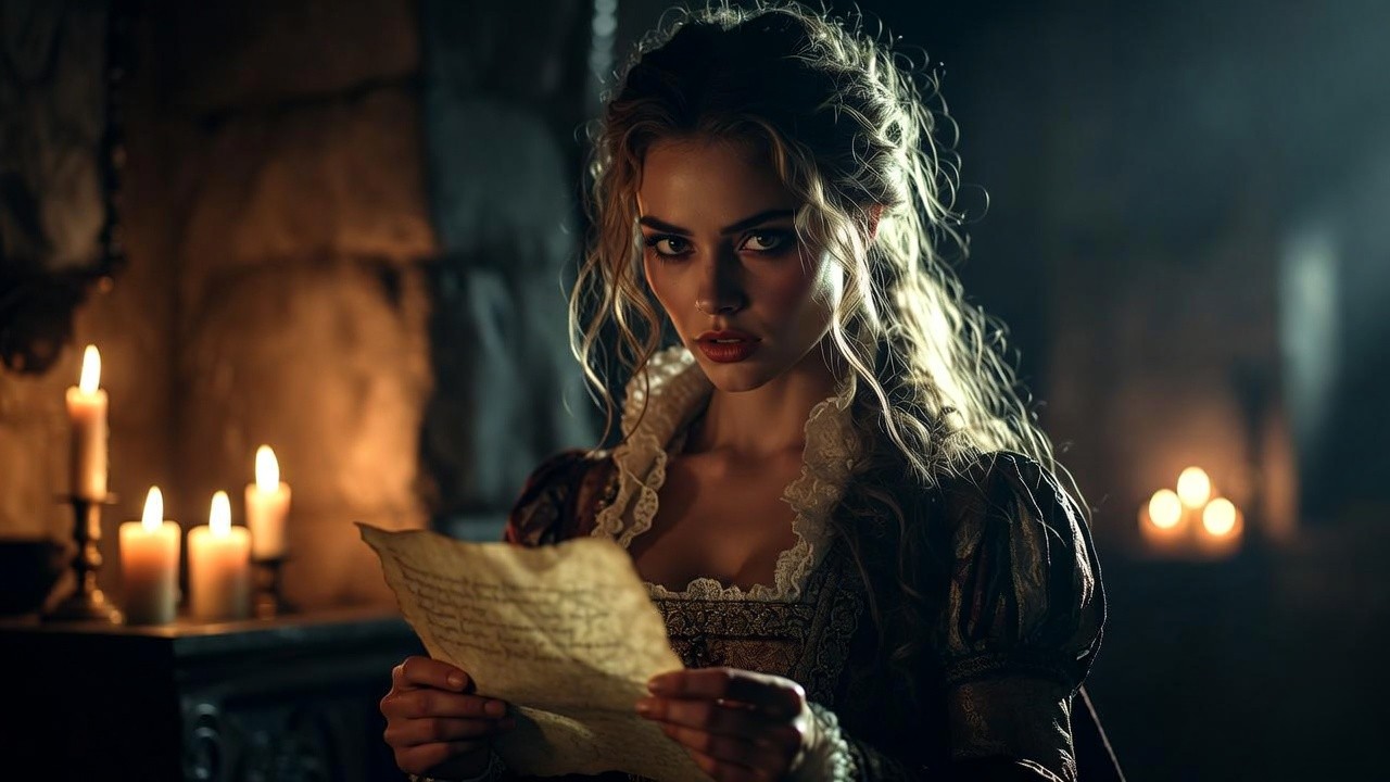 Lady Macbeth reading the letter with ruthless ambition in her dark castle chamber