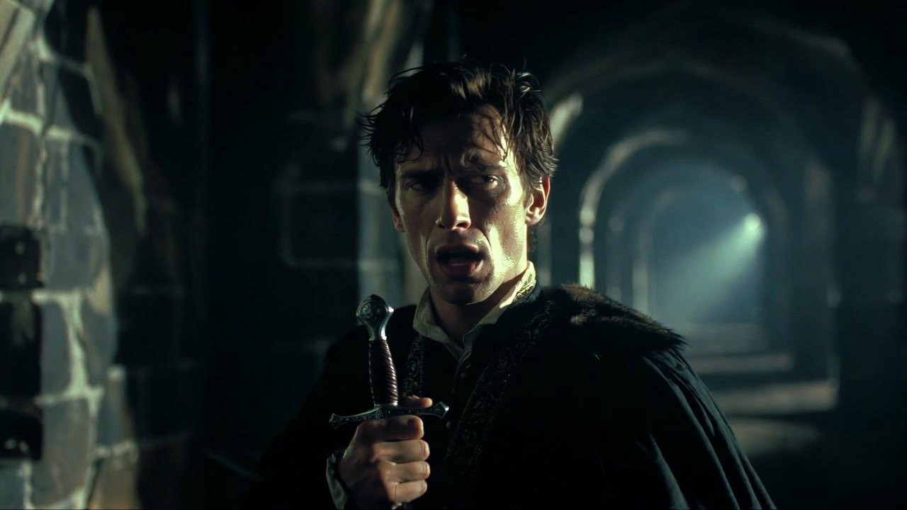 Macbeth in torment during his famous dagger soliloquy contemplating murder in Act 1 Scene 7