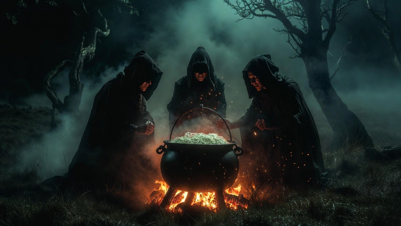 Dramatic scene of the three witches brewing in cauldron from Shakespeare's Macbeth, dark supernatural atmosphere