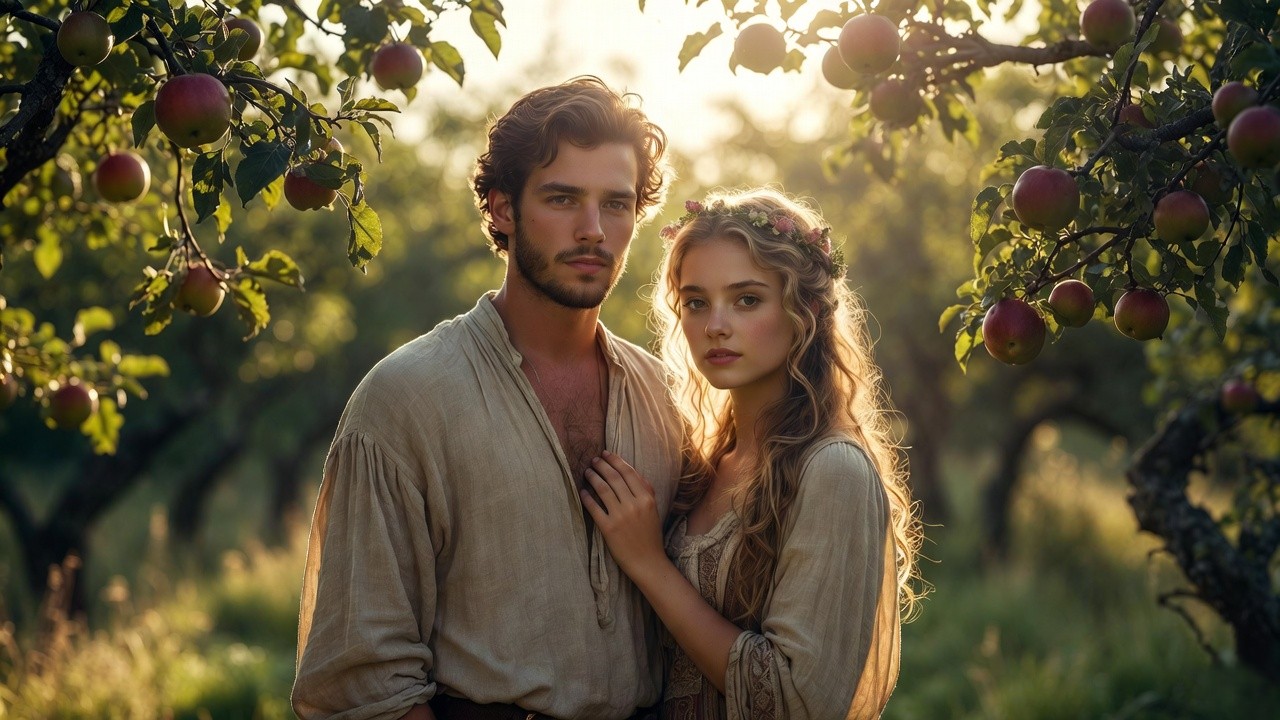 Two young cousins standing together in a sunlit Shakespearean orchard symbolizing deep family bonds
