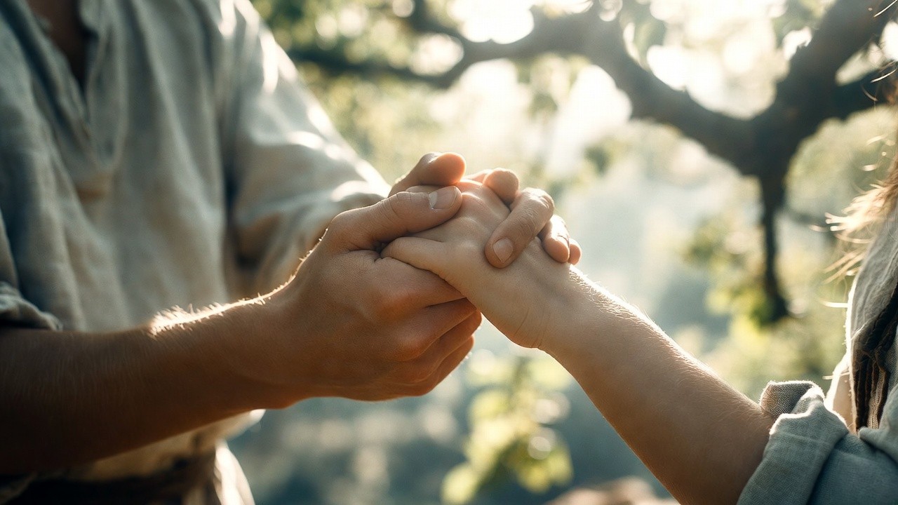 Clasped hands of cousins symbolizing timeless loyalty and Shakespearean family connection