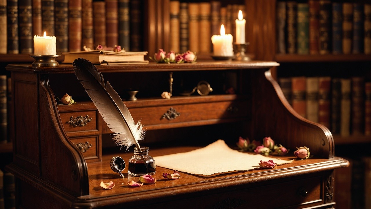 Antique quill and parchment on wooden desk inspiring Shakespearean-style cousin poetry writing