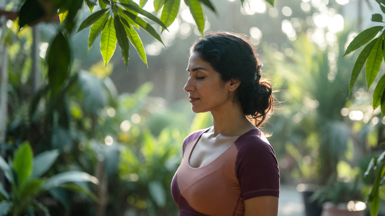 Serene woman practicing yoga outdoors representing gentle daily movement in 75 Soft Challenge