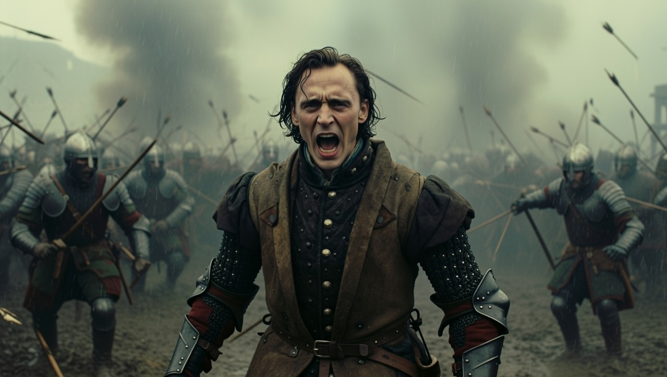 Tom Hiddleston as Henry V rallying troops with Once More Unto the Breach in The Hollow Crown battle