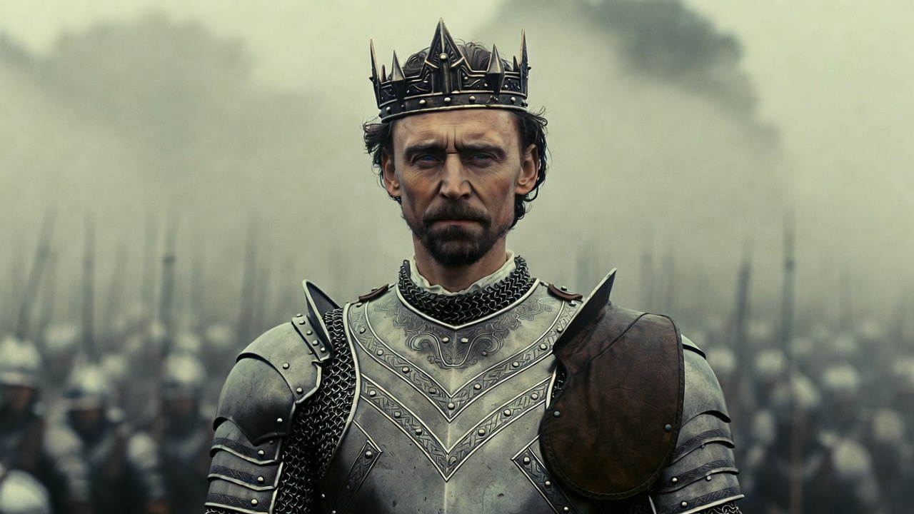 Tom Hiddleston as warrior King Henry V in full armor from The Hollow Crown series