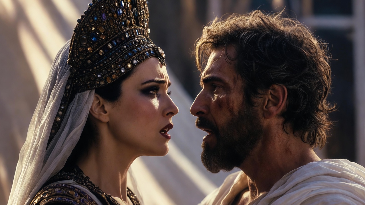 Passionate lovers' duet scene in John Adams' Antony and Cleopatra opera at the Met