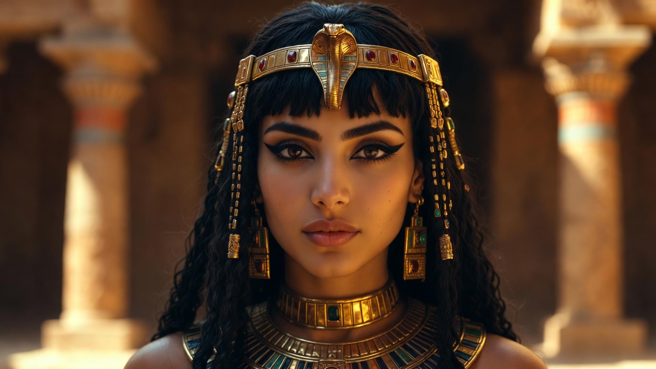 Realistic portrait of historical Cleopatra VII in royal Egyptian attire and golden jewelry