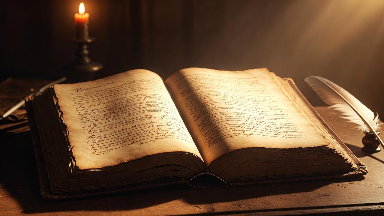 Antique open Shakespeare book with candlelight evoking Antony and Cleopatra play