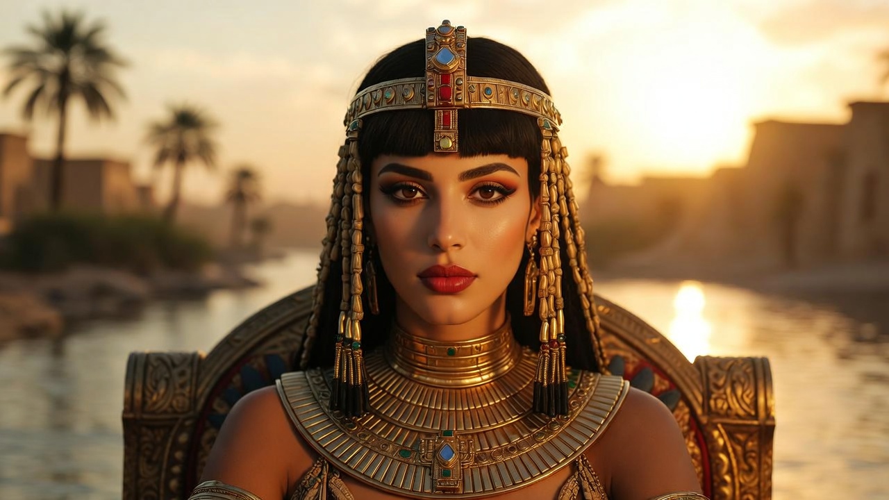 Regal Cleopatra on throne with Nile sunset backdrop, evoking Shakespeare’s legendary queen