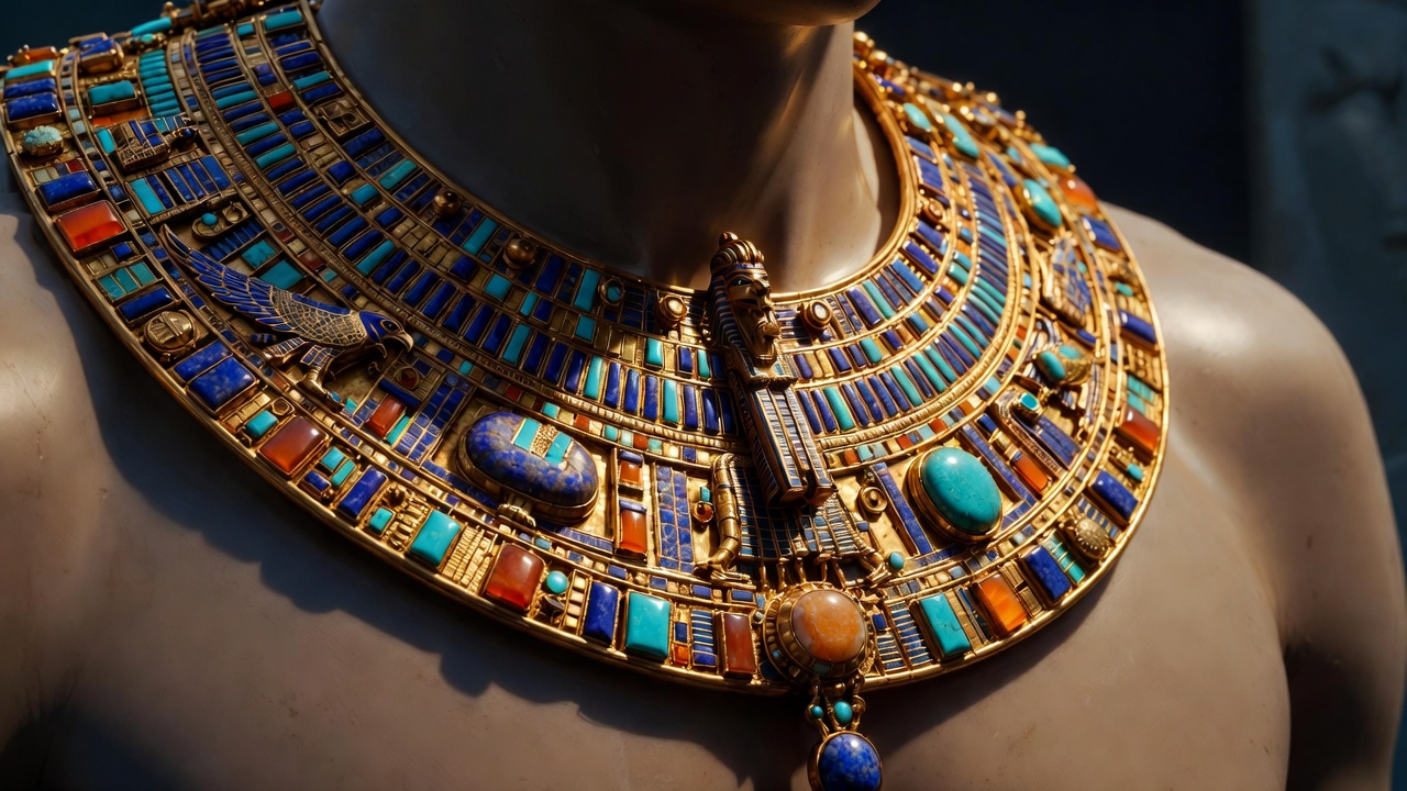 Close-up of intricate ancient Egyptian golden royal jewelry symbolizing Cleopatra’s timeless power
