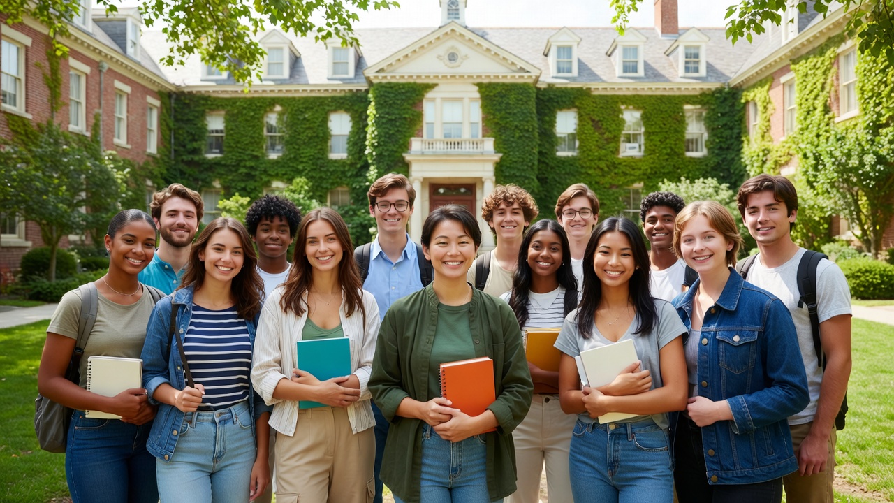 Diverse college students on ivy-covered elite university campus symbolizing access to higher education in antitrust lawsuit