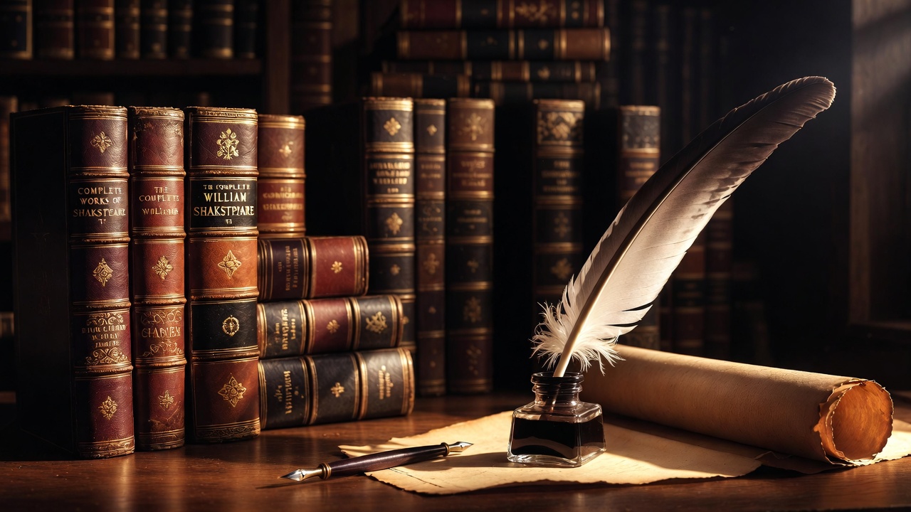 Antique Shakespeare books quill and inkwell representing literary heritage and scholarship in humanities