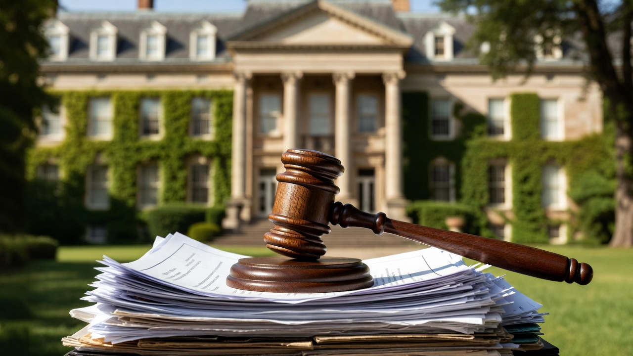 Gavel on legal documents with blurred elite university campus symbolizing antitrust lawsuit against higher education institutions