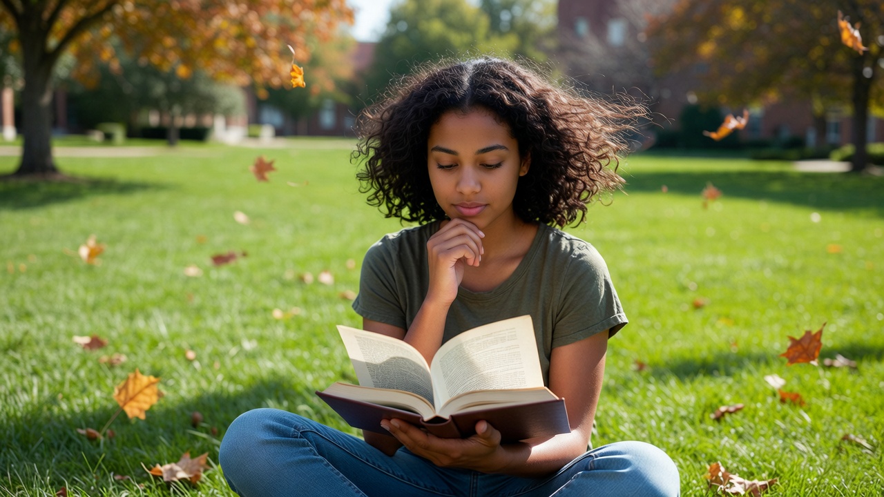 Young student reading Shakespeare outdoors on university campus representing aspiring humanities scholars