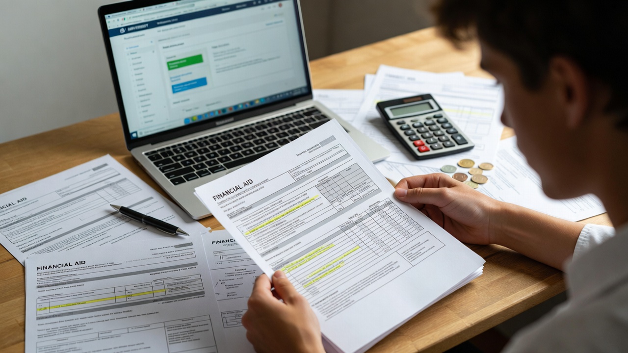 Financial aid documents and tuition bills on student desk illustrating barriers to elite university access