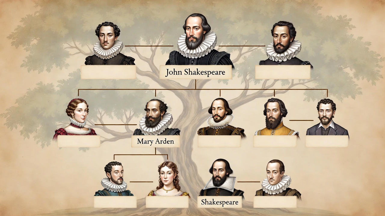 Shakespeare family tree illustration featuring John Shakespeare, Mary Arden, and young William