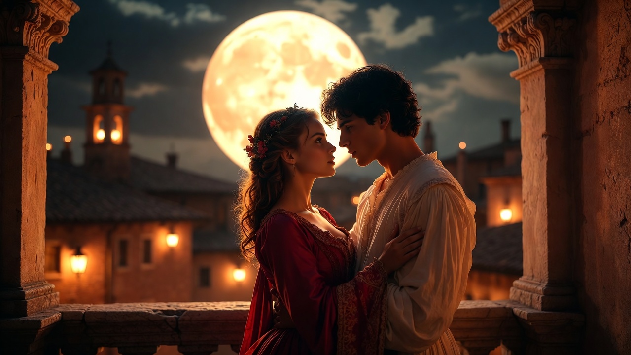 Romeo and Juliet balcony scene under moonlit Verona sky, romantic embrace in Shakespeare's tragedy
