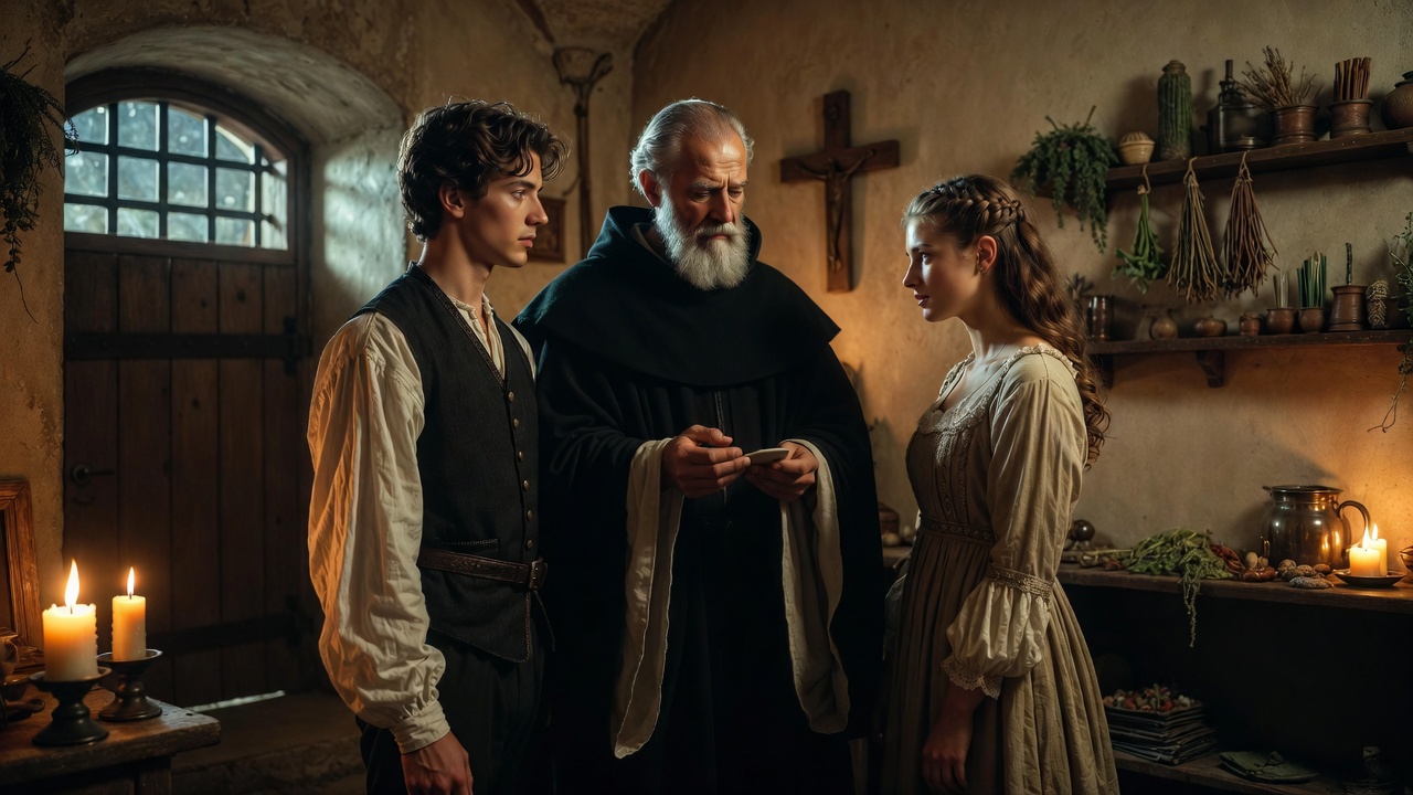 Secret wedding of Romeo and Juliet by Friar Laurence in candlelit cell, key moment in Shakespeare play