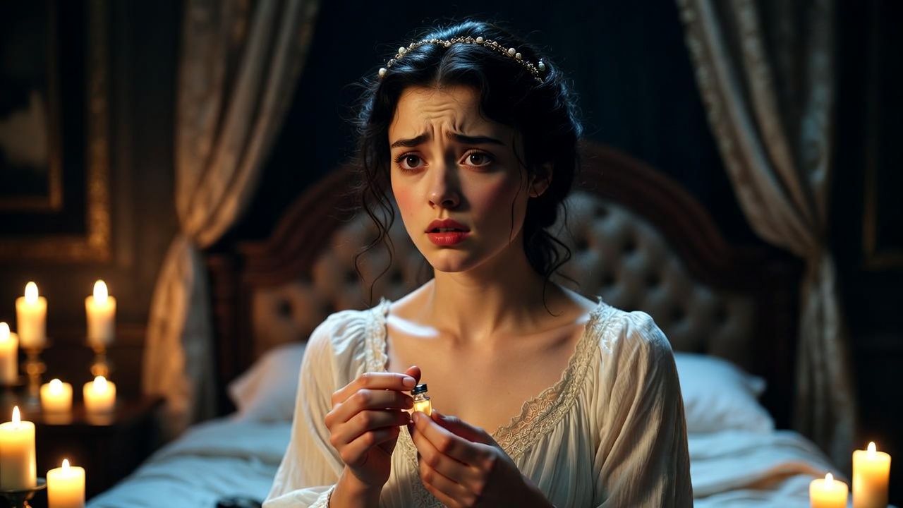 Juliet preparing to drink sleeping potion in bedroom, desperate plan in Romeo and Juliet tragedy