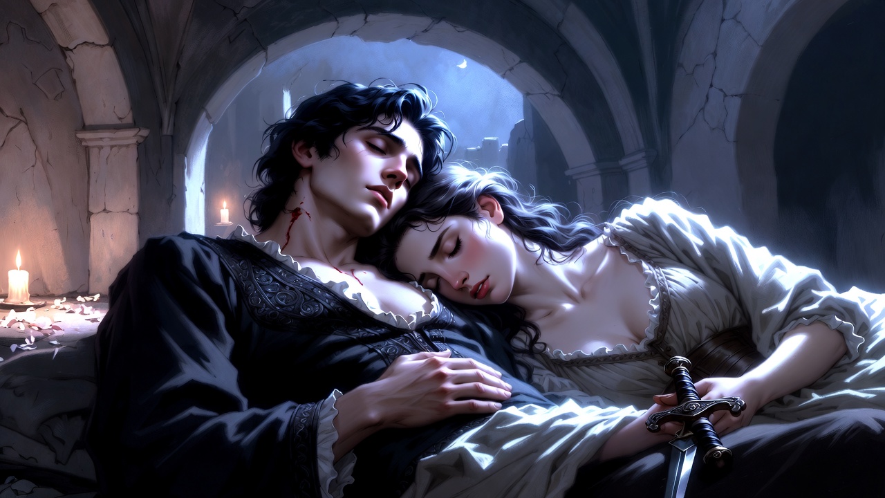 Tragic tomb death of Romeo and Juliet together, final heartbreaking scene in Shakespeare's play