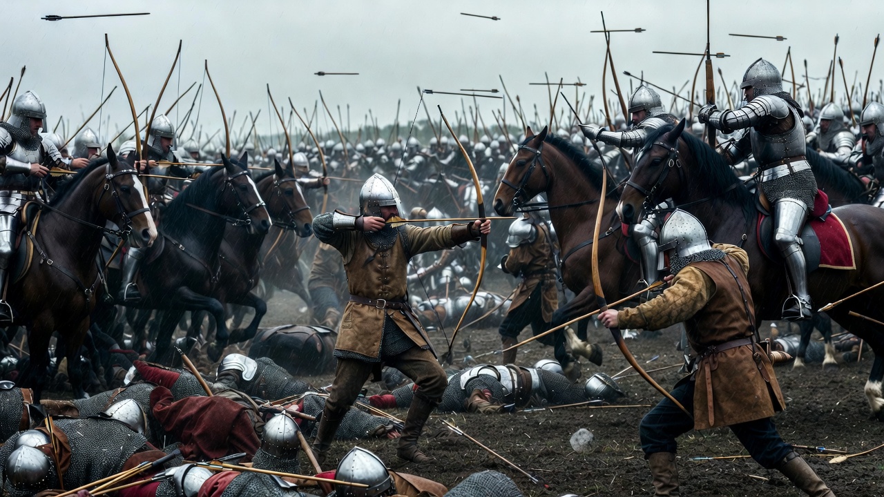 Dramatic recreation of the Battle of Agincourt longbow volley