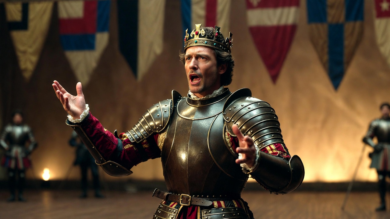 Shakespearean actor performing as King Henry V on stage