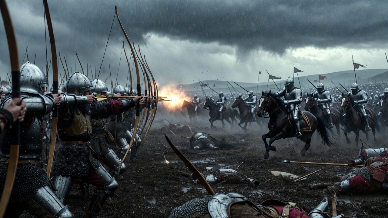 Realistic depiction of the Battle of Agincourt with English longbowmen victorious in the mud