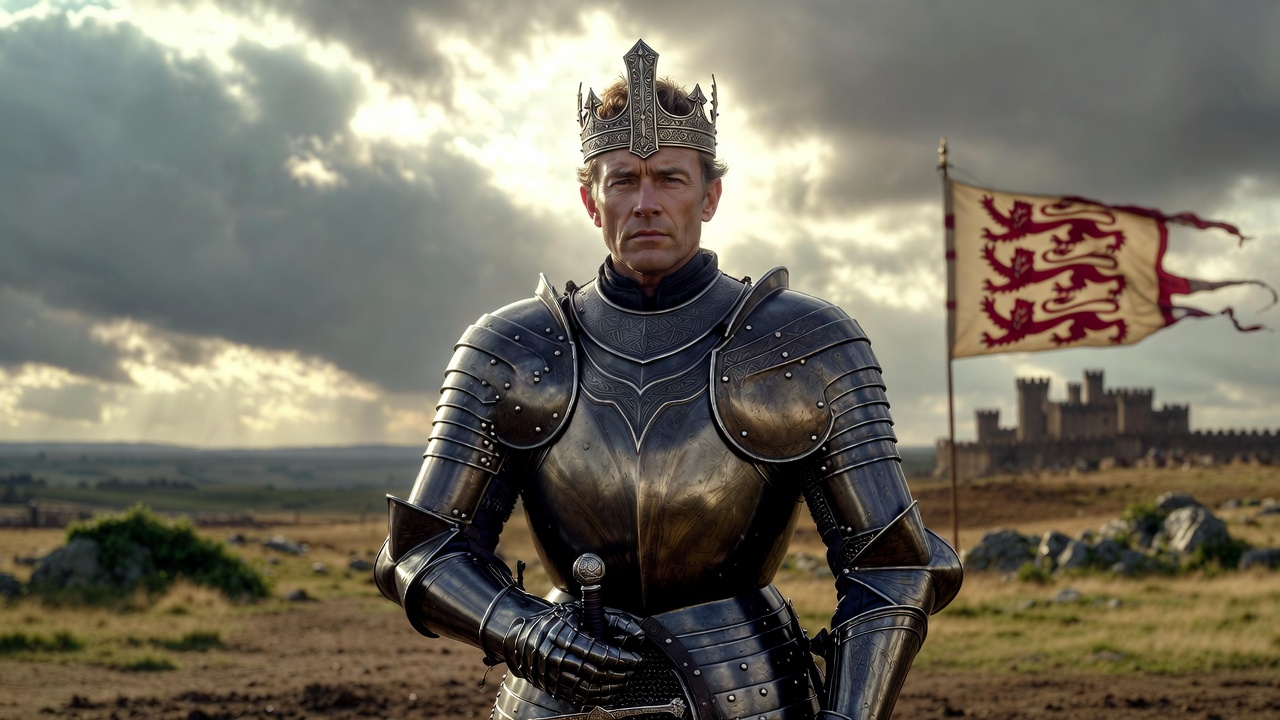 King Henry V as England's warrior king in full medieval armor leading his forces